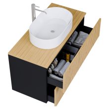 HD Palma Pro Black 100 komplett fürdőszoba bútor szett fali push-to-open mosdószekrénnyel, hikoridió színű mosdópulttal, tükörrel és magasszekrénnyel