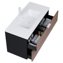 HD Palermo Black-Oak 100 komplett fürdőszoba bútor szett fali mosdószekrénnyel, matt fehér fogantyúkkal, fényes fehér slim mosdóval, tükörrel és magasszekrénnyel