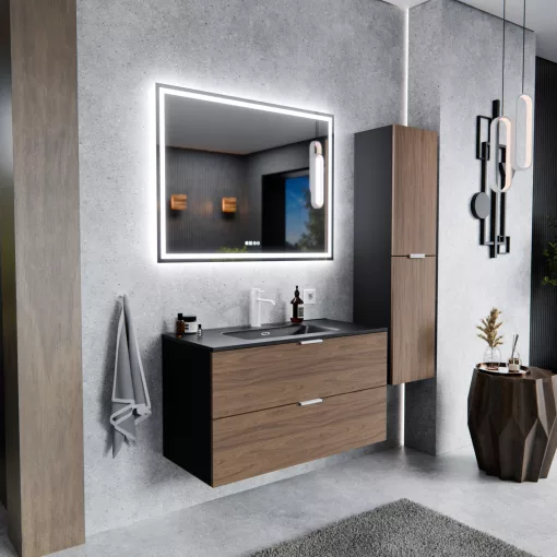 HD Palermo Black-Oak 100 fali mosdószekrény matt fehér fogantyúkkal és matt fekete slim mosdóval