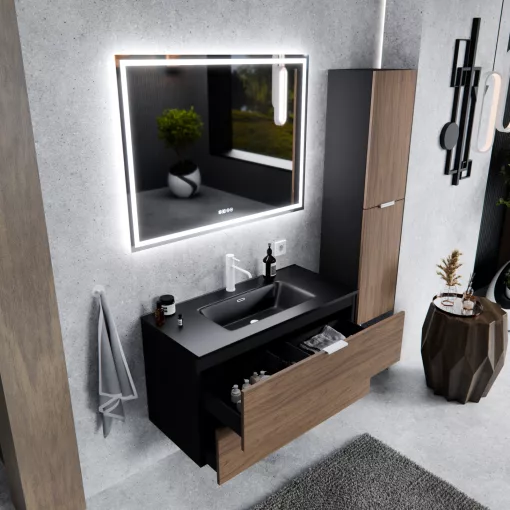 HD Palermo Black-Oak 100 fali mosdószekrény matt fehér fogantyúkkal és matt fekete slim mosdóval