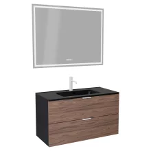 HD Palermo Black-Oak 100 komplett fürdőszoba bútor fali mosdószekrénnyel, matt fehér fogantyúkkal, matt fekete slim mosdóval és tükörrel