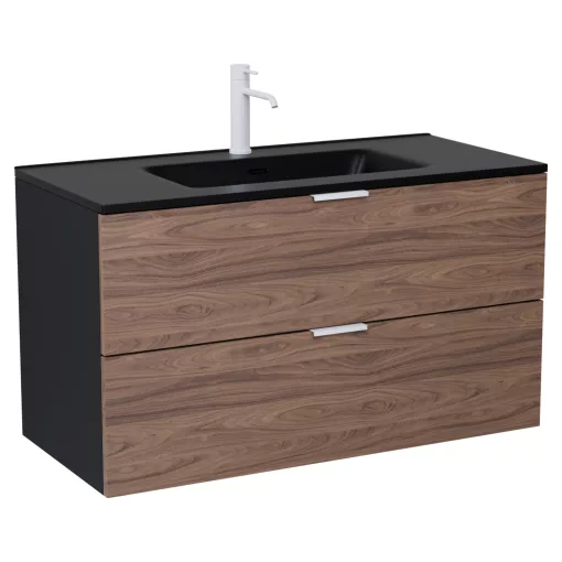 HD Palermo Black-Oak 100 komplett fürdőszoba bútor fali mosdószekrénnyel, matt fehér fogantyúkkal, matt fekete slim mosdóval és tükörrel