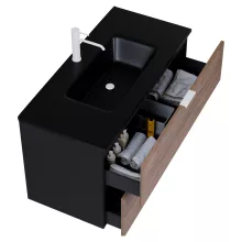 HD Palermo Black-Oak 100 komplett fürdőszoba bútor fali mosdószekrénnyel, matt fehér fogantyúkkal, matt fekete slim mosdóval és tükörrel