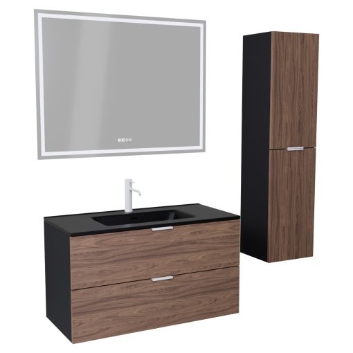 HD Palermo Black-Oak 100 komplett fürdőszoba bútor szett fali mosdószekrénnyel, matt fehér fogantyúkkal, matt fekete slim mosdóval, tükörrel és magasszekrénnyel