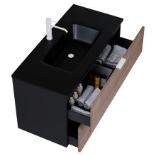 HD Palermo Black-Oak 100 komplett fürdőszoba bútor szett fali mosdószekrénnyel, matt fehér fogantyúkkal, matt fekete slim mosdóval, tükörrel és magasszekrénnyel