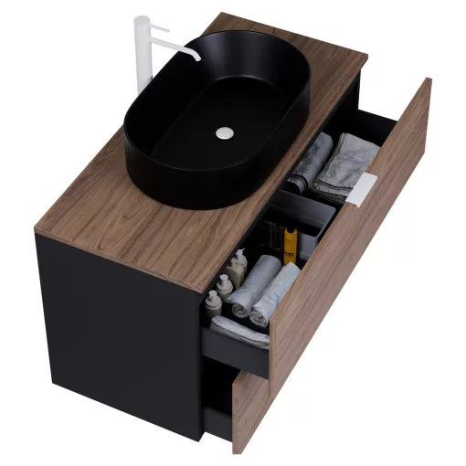 HD Salerno Black-Oak 100 fali mosdószekrény tölgyfa színű mosdópulttal és matt fehér fogantyúkkal