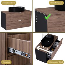 HD Salerno Black-Oak 100 fali mosdószekrény tölgyfa színű mosdópulttal és matt fehér fogantyúkkal