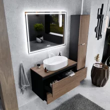HD Salerno Black-Oak 100 fali mosdószekrény tölgyfa színű mosdópulttal és matt fehér fogantyúkkal