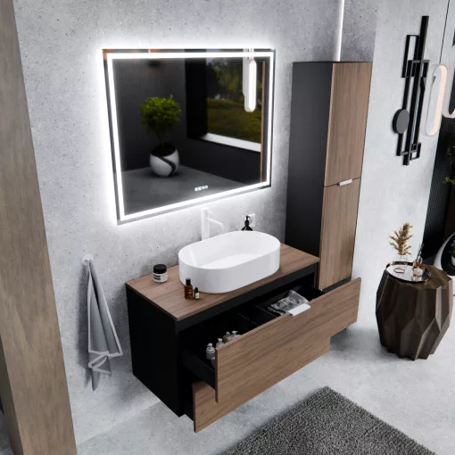 HD Salerno Black-Oak 100 fali mosdószekrény tölgyfa színű mosdópulttal és matt fehér fogantyúkkal