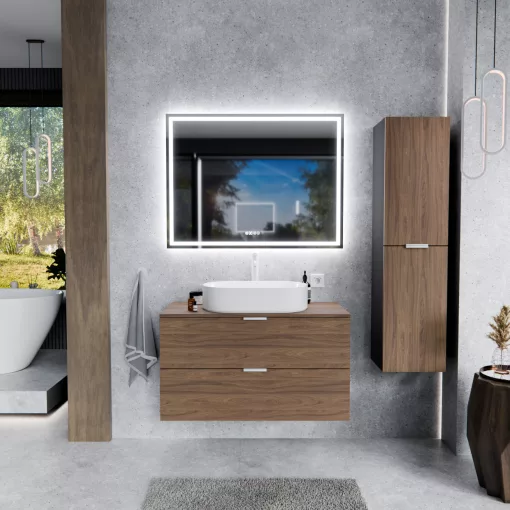 HD Salerno Black-Oak 100 fali mosdószekrény tölgyfa színű mosdópulttal és matt fehér fogantyúkkal