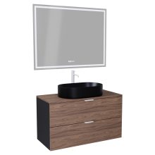 HD Salerno Black-Oak 100 komplett fürdőszoba bútor fali mosdószekrénnyel, matt fehér fogantyúkkal, tölgyfa színű mosdópulttal és tükörrel