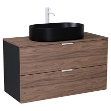 HD Salerno Black-Oak 100 komplett fürdőszoba bútor fali mosdószekrénnyel, matt fehér fogantyúkkal, tölgyfa színű mosdópulttal és tükörrel