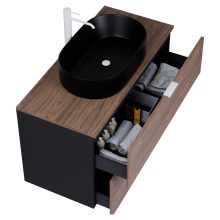 HD Salerno Black-Oak 100 komplett fürdőszoba bútor fali mosdószekrénnyel, matt fehér fogantyúkkal, tölgyfa színű mosdópulttal és tükörrel