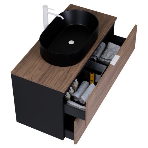 HD Salerno Black-Oak 100 komplett fürdőszoba bútor fali mosdószekrénnyel, matt fehér fogantyúkkal, tölgyfa színű mosdópulttal és tükörrel