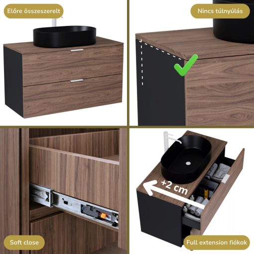 HD Salerno Black-Oak 100 komplett fürdőszoba bútor szett fali mosdószekrénnyel, matt fehér fogantyúval, tölgyfa színű mosdópulttal, tükörrel és magasszekrénnyel