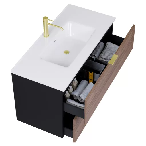 HD Palermo Black-Oak 100 komplett fürdőszoba bútor fali mosdószekrénnyel, szálcsiszolt arany fogantyúkkal, fényes fehér slim mosdóval és tükörrel