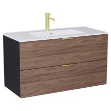 HD Palermo Black-Oak 100 komplett fürdőszoba bútor szett fali mosdószekrénnyel, szálcsiszolt arany fogantyúkkal, fényes fehér slim mosdóval, tükörrel és magasszekrénnyel