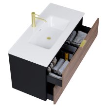 HD Palermo Black-Oak 100 komplett fürdőszoba bútor szett fali mosdószekrénnyel, szálcsiszolt arany fogantyúkkal, fényes fehér slim mosdóval, tükörrel és magasszekrénnyel