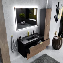 HD Palermo Black-Oak 100 fali mosdószekrény szálcsiszolt arany fogantyúkkal és matt fekete slim mosdóval