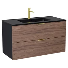 HD Palermo Black-Oak 100 komplett fürdőszoba bútor fali mosdószekrénnyel, szálcsiszolt arany fogantyúkkal, matt fekete slim mosdóval és tükörrel