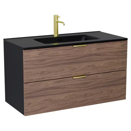 HD Palermo Black-Oak 100 komplett fürdőszoba bútor fali mosdószekrénnyel, szálcsiszolt arany fogantyúkkal, matt fekete slim mosdóval és tükörrel