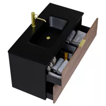 HD Palermo Black-Oak 100 komplett fürdőszoba bútor fali mosdószekrénnyel, szálcsiszolt arany fogantyúkkal, matt fekete slim mosdóval és tükörrel