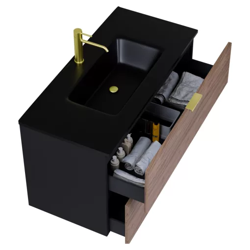 HD Palermo Black-Oak 100 komplett fürdőszoba bútor fali mosdószekrénnyel, szálcsiszolt arany fogantyúkkal, matt fekete slim mosdóval és tükörrel