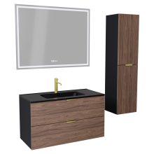 HD Palermo Black-Oak 100 komplett fürdőszoba bútor szett fali mosdószekrénnyel, szálcsiszolt arany fogantyúkkal, matt fekete slim mosdóval, tükörrel és magasszekrénnyel