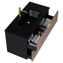 HD Palermo Black-Oak 100 komplett fürdőszoba bútor szett fali mosdószekrénnyel, szálcsiszolt arany fogantyúkkal, matt fekete slim mosdóval, tükörrel és magasszekrénnyel