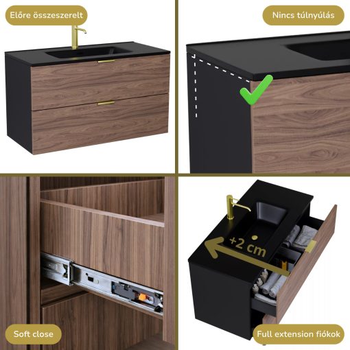 HD Palermo Black-Oak 100 komplett fürdőszoba bútor szett fali mosdószekrénnyel, szálcsiszolt arany fogantyúkkal, matt fekete slim mosdóval, tükörrel és magasszekrénnyel