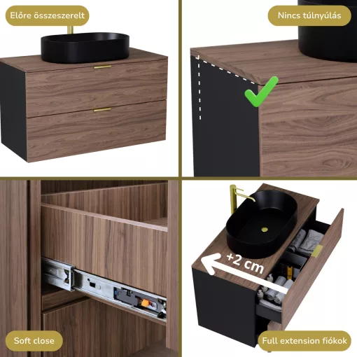 HD Salerno Black-Oak 100 fali mosdószekrény tölgyfa színű mosdópulttal és szálcsiszolt arany fogantyúkkal