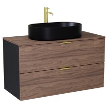 HD Salerno Black-Oak 100 komplett fürdőszoba bútor fali mosdószekrénnyel, szálcsiszolt arany fogantyúkkal, tölgyfa színű mosdópulttal és tükörrel