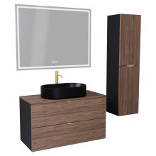 HD Salerno Black-Oak 100 komplett fürdőszoba bútor szett fali mosdószekrénnyel, szálcsiszolt arany fogantyúval, tölgyfa színű mosdópulttal, tükörrel és magasszekrénnyel