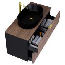 HD Salerno Black-Oak 100 komplett fürdőszoba bútor szett fali mosdószekrénnyel, szálcsiszolt arany fogantyúval, tölgyfa színű mosdópulttal, tükörrel és magasszekrénnyel