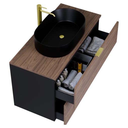 HD Salerno Black-Oak 100 komplett fürdőszoba bútor szett fali mosdószekrénnyel, szálcsiszolt arany fogantyúval, tölgyfa színű mosdópulttal, tükörrel és magasszekrénnyel