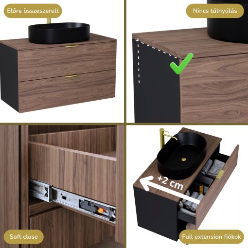 HD Salerno Black-Oak 100 komplett fürdőszoba bútor szett fali mosdószekrénnyel, szálcsiszolt arany fogantyúval, tölgyfa színű mosdópulttal, tükörrel és magasszekrénnyel