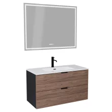 HD Palermo Black-Oak 100 komplett fürdőszoba bútor fali mosdószekrénnyel, matt fekete fogantyúkkal, fényes fehér slim mosdóval és tükörrel