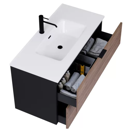 HD Palermo Black-Oak 100 komplett fürdőszoba bútor fali mosdószekrénnyel, matt fekete fogantyúkkal, fényes fehér slim mosdóval és tükörrel