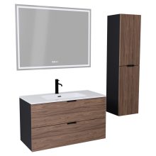 HD Palermo Black-Oak 100 komplett fürdőszoba bútor szett fali mosdószekrénnyel, matt fekete fogantyúkkal, fényes fehér slim mosdóval, tükörrel és magasszekrénnyel