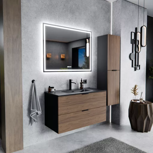 HD Palermo Black-Oak 100 fali mosdószekrény matt fekete fogantyúkkal és matt fekete slim mosdóval