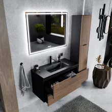 HD Palermo Black-Oak 100 fali mosdószekrény matt fekete fogantyúkkal és matt fekete slim mosdóval