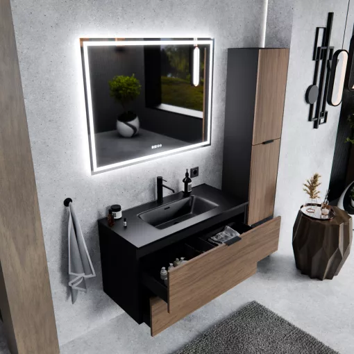 HD Palermo Black-Oak 100 fali mosdószekrény matt fekete fogantyúkkal és matt fekete slim mosdóval