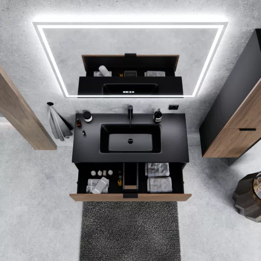 HD Palermo Black-Oak 100 fali mosdószekrény matt fekete fogantyúkkal és matt fekete slim mosdóval