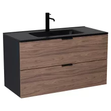 HD Palermo Black-Oak 100 komplett fürdőszoba bútor fali mosdószekrénnyel, matt fekete fogantyúkkal, matt fekete slim mosdóval és tükörrel