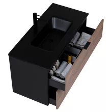 HD Palermo Black-Oak 100 komplett fürdőszoba bútor fali mosdószekrénnyel, matt fekete fogantyúkkal, matt fekete slim mosdóval és tükörrel