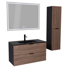 HD Palermo Black-Oak 100 komplett fürdőszoba bútor szett fali mosdószekrénnyel, matt fekete fogantyúkkal, matt fekete slim mosdóval, tükörrel és magasszekrénnyel