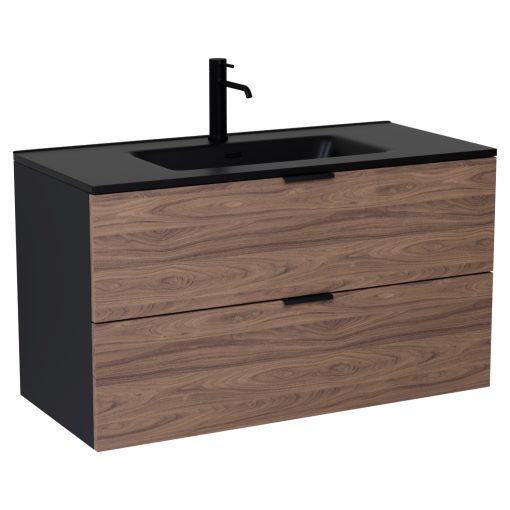 HD Palermo Black-Oak 100 komplett fürdőszoba bútor szett fali mosdószekrénnyel, matt fekete fogantyúkkal, matt fekete slim mosdóval, tükörrel és magasszekrénnyel