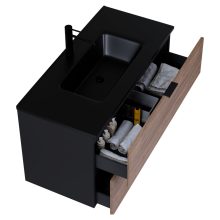 HD Palermo Black-Oak 100 komplett fürdőszoba bútor szett fali mosdószekrénnyel, matt fekete fogantyúkkal, matt fekete slim mosdóval, tükörrel és magasszekrénnyel