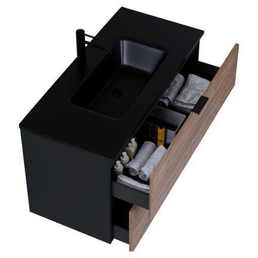 HD Palermo Black-Oak 100 komplett fürdőszoba bútor szett fali mosdószekrénnyel, matt fekete fogantyúkkal, matt fekete slim mosdóval, tükörrel és magasszekrénnyel