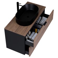 HD Salerno Black-Oak 100/120 fali mosdószekrény tölgyfa színű mosdópulttal és matt fekete fogantyúkkal